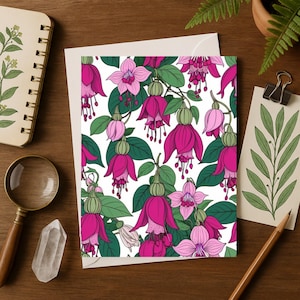 Cartes de correspondance florales fuchsia (paquet de 10) cartes de voeux botaniques vierges avec enveloppes, papeterie à fleurs roses, coffret cadeau floral élégant