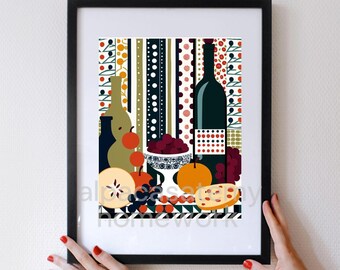 Abstract Kitchen Still Life Art: Fruit & Wine Print (Digital Download)