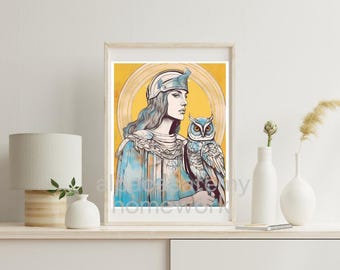 Pop Art Athena Goddess and Owl Print: Feminist Mythology Wall Art (Digital Download)