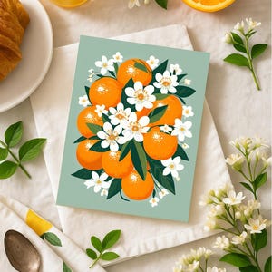 Cartões de saudação com laranjas e flores, conjunto de 10 cartões florais cítricos em branco com envelopes, papelaria botânica, pacote de cartões 4,25 x 5,5