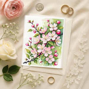 Set di biglietti d'auguri con fiori di melo, biglietti di auguri floreali vuoti, confezione da 10 con buste, cancelleria primaverile, biglietti regalo botanici, 4,25x5,5