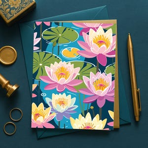 Conjunto de 10 cartões comemorativos com nenúfares, cartões florais em branco com envelopes, artigos de papelaria com flor de lótus, arte botânica, pacote de cartões 4,25 x 5,5