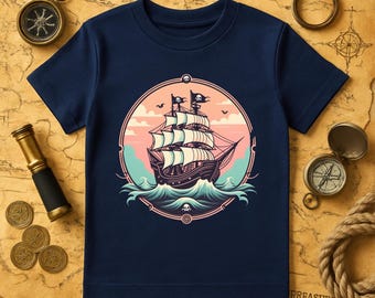 Camiseta infantil de barco pirata: Camiseta de algodón de aventura náutica