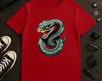 Camiseta infantil de serpiente: gráfico de serpiente verde, algodón estadounidense.