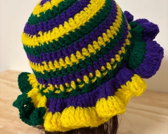 Mardi Gras Colors Crochet Ruffle Brim Hat - Handmade Striped Beanie - Handmade