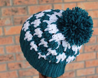 Teal and White Crochet Slouch Hat - Unisex Slouch hat - Handmade Crochet Hat