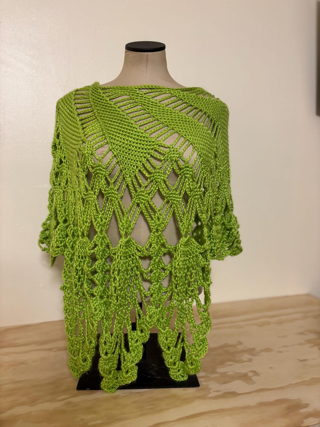 Green Crochet Lace Poncho - Openwork Festival Caplet - Lightweight Boho ...