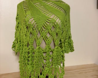 Green Crochet Lace Poncho - Openwork Festival Caplet - Lightweight Boho Summer Cover up