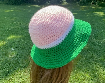 Pink, Green, and White Handmade Crochet bucket Hat
