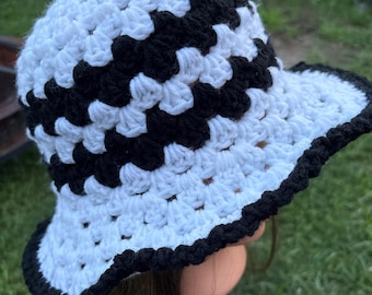 Black and White Granny Square Handmade Crochet bucket Hat