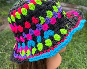 Neon Multicolored Granny Square Handmade Crochet bucket Hat