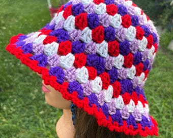 Purple, Red, and White Granny Square Handmade Crochet bucket Hat
