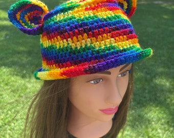 Kids Rainbow Handmade Crochet bucket Hat with Ears
