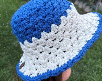 Blue and Cream White Handmade Crochet bucket Hat