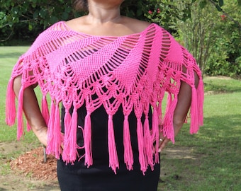 Bright Pink Swirl Crochet Poncho with Fringe - Handmade