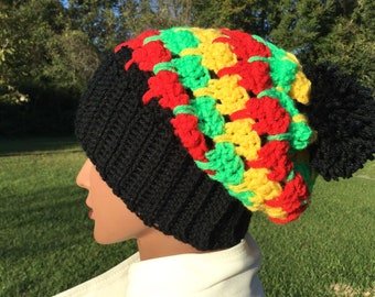 Green, yellow, red, and black slouch beanie with Pom - Handmand Crochet Hat - Unisex