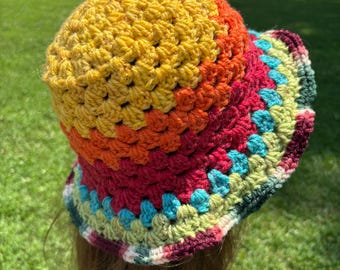 Multicolored Granny Square Handmade Crochet bucket Hat