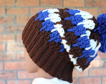 Brown, Blue, and, Off White slouch beanie with Pom - Handmand Crochet Hat - Unisex