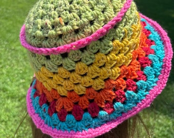 Multicolored Granny Square Handmade Crochet bucket Hat