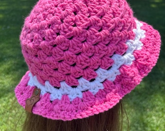 Pink and White Granny Square Handmade Crochet bucket Hat