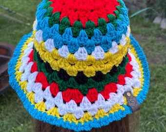 Handmade Multicolored Granny Stripe Crochet Bucket Hat