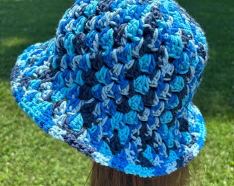 Blues Granny Square Handmade Crochet bucket Hat