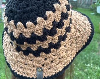 Tan and Black Granny Square Handmade Crochet bucket Hat