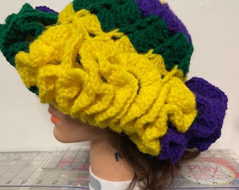 Handmade Mardi Gras Crochet Hat – Purple, Green & Gold Statement Ruffle Hat