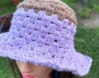 Handmade Lilac and Brown Crochet Bucket Hat
