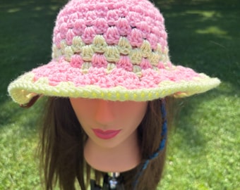 Soft Pink and Yellow Granny Square Handmade Crochet bucket Hat