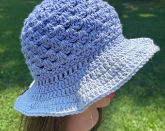 Light Indigo Ombre Granny Square Handmade Crochet bucket Hat
