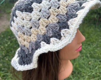 Multicolored Grey, Cream, and White Granny Square Handmade Crochet bucket Hat