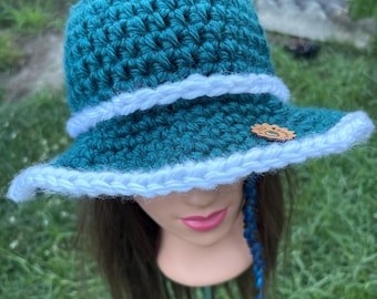 Teal and White Handmade Chunky Crochet bucket Hat