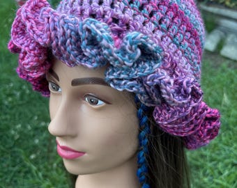 Multicolored Pink Handmade Crochet bucket Hat with ruffle brim