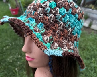 Multicolored Brown and Teal Handmade Crochet bucket Hat