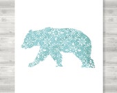Bear poster, Wall bear print, Blue and white, Gold poster - Flower bear poster, White print Background