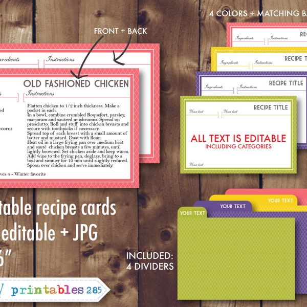 Printable recipe cards, 4x6 recipe cards, recipe card dividers, editable recipe cards, recipe card pdf, Instant Download- 285