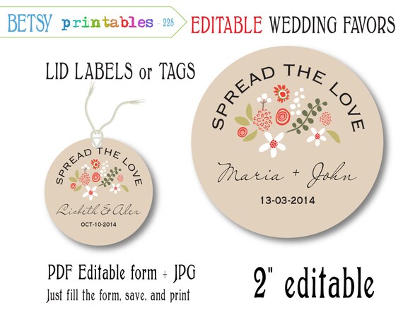 Items similar to Mason jar Wedding favor for jam, editable tags, editable labels, printable lid ...