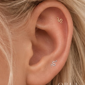 May include: Two small snake-shaped earrings are worn in the ear. One earring is gold-toned and positioned in the upper cartilage, while the other is silver-toned and placed in the lower lobe. The text ORLA STUDIO is visible in the bottom right corner.