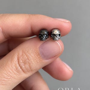 May include: A pair of small, metallic skull-shaped stud earrings. One skull is finished in a dark, gunmetal grey tone, while the other features a polished, reflective silver-tone finish. Both skulls display detailed facial features including eye sockets.