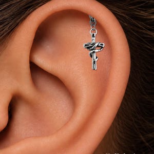 Snake and Cross Flat Back Stud Labret • Thread In Flat Back Earring • Cartilage Stud • 16G/18G • 316L Surgical Steel