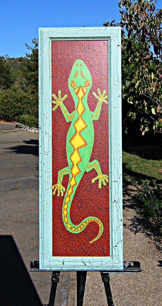 Items similar to Decorative Hand Painted Lizard on a wooden panel. on Etsy