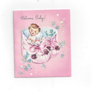 Tarjeta de bienvenida para bebés de la década de 1940 por Doehla Fine Arts Card, troquelada con purpurina, Made in USA, Vintage Greetings, 1940 Ephemera
