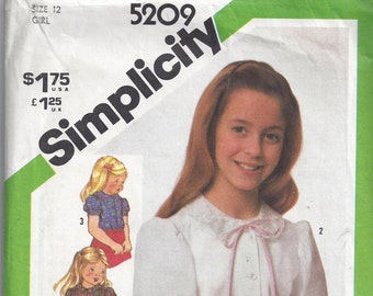 Simplicity 5209 Pattern for Girl's Blouse in 4 Styles, Size 12, From 1981, Long or Short Puff Sleeves, Vintage Pattern, Home Sewing Pattern