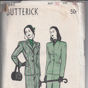 Butterick 4065 Pattern for Misses' 2-Piece Suit, Size 14, Pre 1948, Mid Century Fashion Sewing, Home Garment Construction, Non Printed