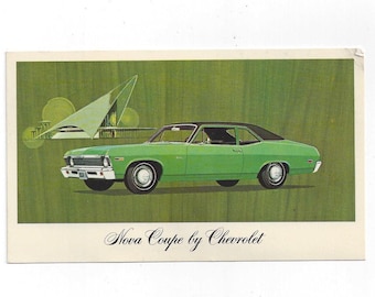 1969 Vintage Chevrolet Nova Coupe Car Postcard in Kelly Green con top nero, 2 porte, non pubblicato, Torque Drive Nova
