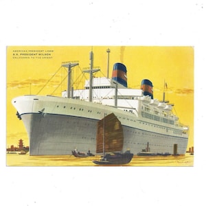 Cartão postal colorido dos anos 1950 para o navio de cruzeiro de luxo S. S. President Wilson, American President Lines, não publicado, assinado pelo artista por Fred Fredericks (?)
