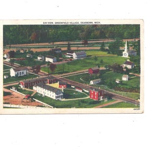 Carte postale des années 40 de Greenfield Village, Dearborn, Michigan, vue aérienne, non arrimée, souvenir de voyage, Henry Ford