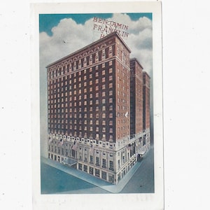 1960 Pocztówka z Benjamin Franklin Hotel, Filadelfia, Pensylwania, wysłana ze znaczkiem 4 Cent, Wiadomość, Pamiątka z podróży, Album ze zdjęciami z recyklingu