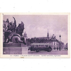 Postal de la década de 1940 de la Plaza Saint-Michel, París, Francia, Sin publicar, Foto en blanco negro, Fuente, Autobús, Gente, Editorial A. Leconte